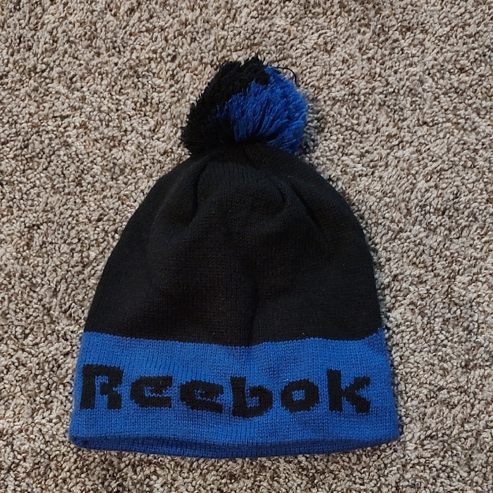 Vintage Blue And Black Reebok Branded Pom Beanie Cap Branded Both Sides Unisex